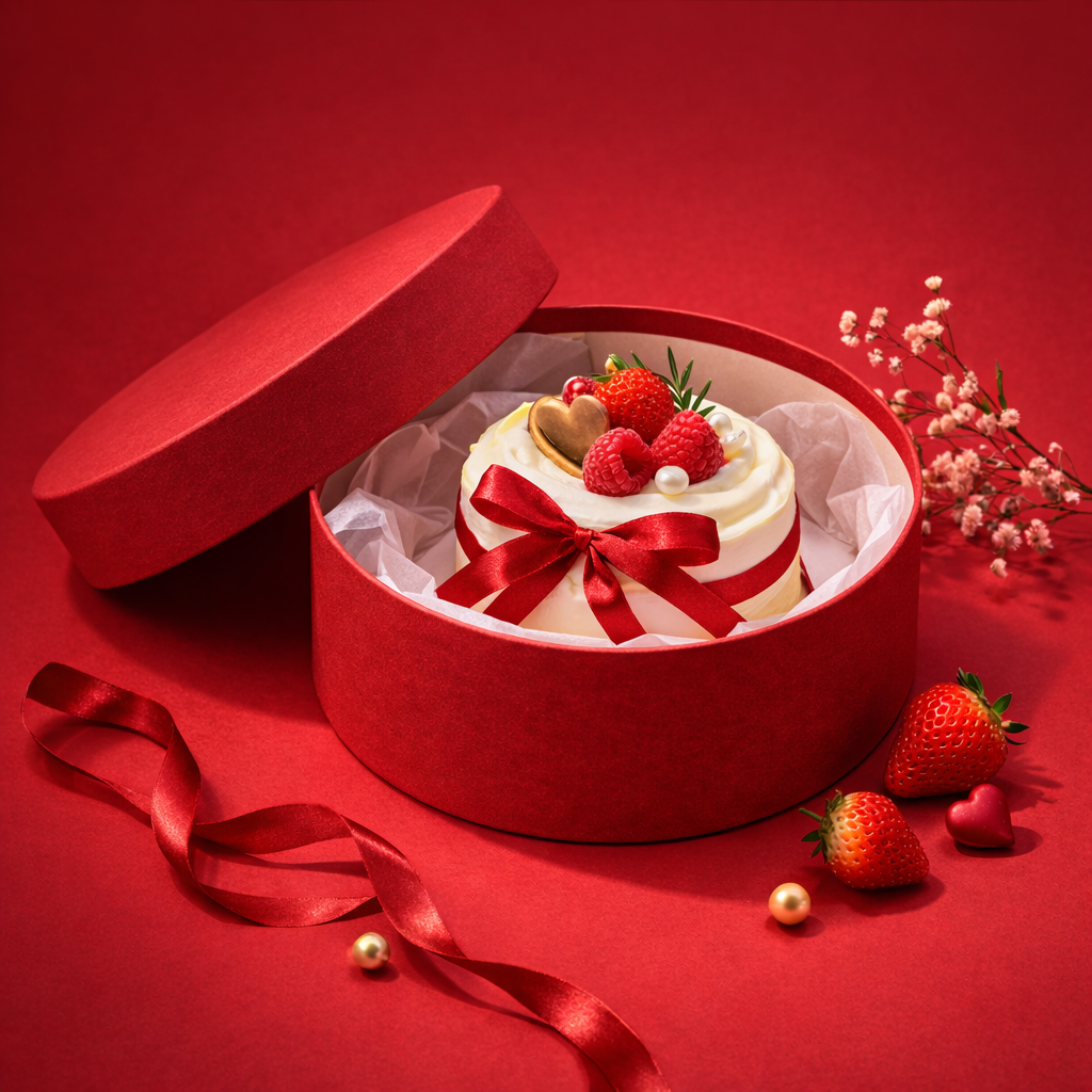 Round rigid cake gift box with lid open on red background