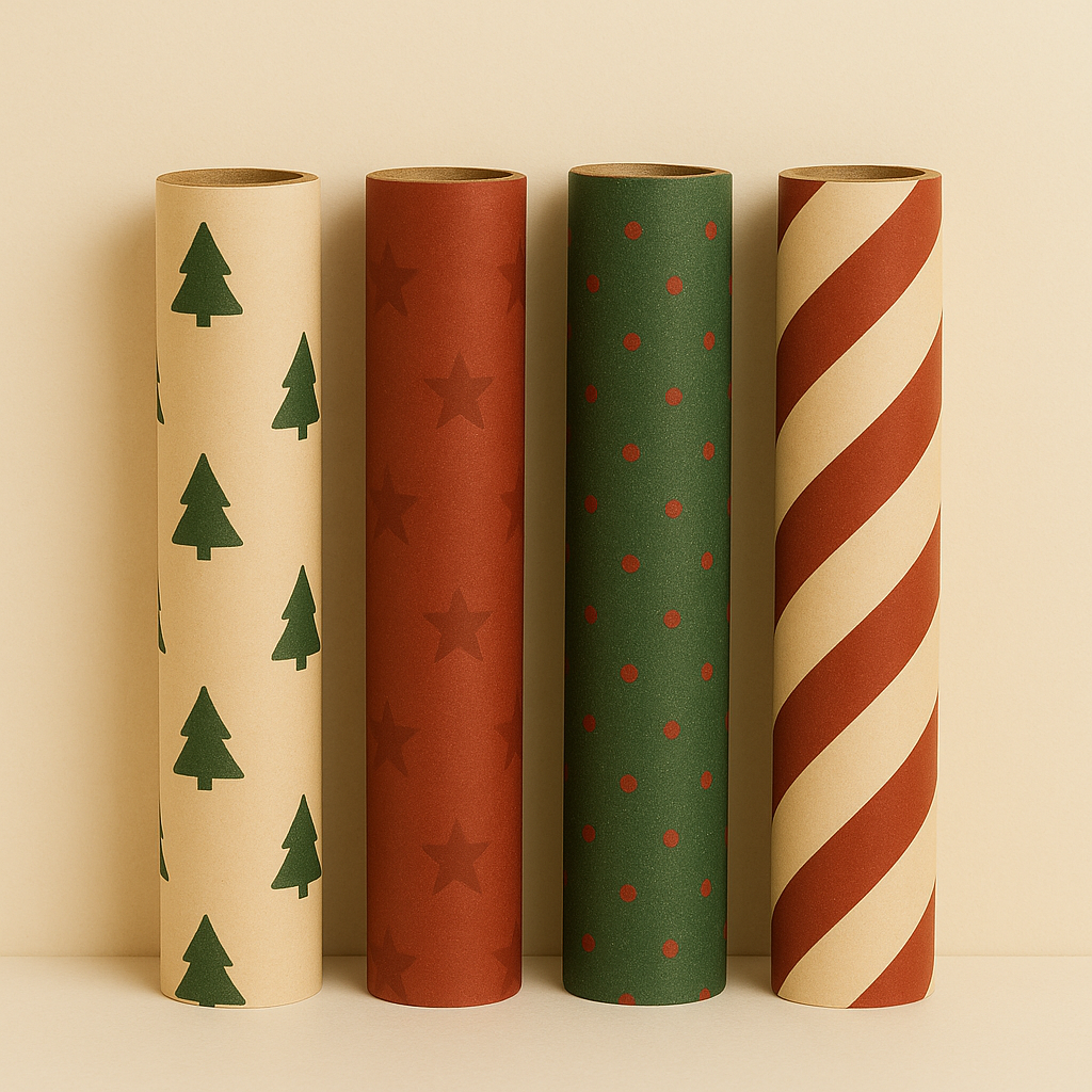 Christmas wrapping paper collection with four festive rolls in red, green, and cream patterns on a creamy background