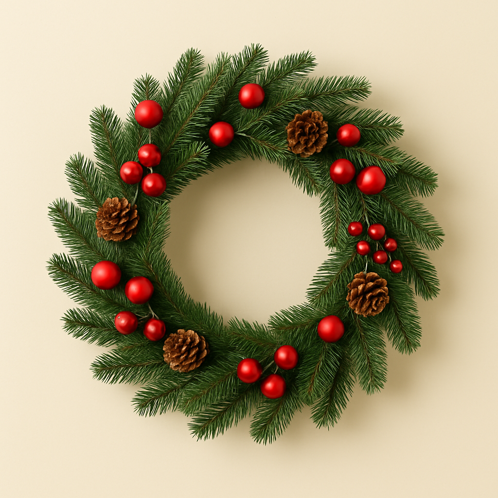 Christmas wreath made of pine branches, red berries, and pinecones on a cream background.