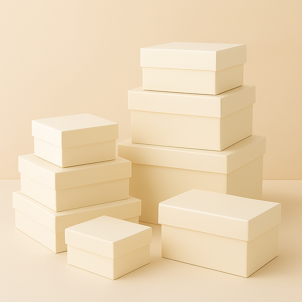 Cream-colored rectangular gift boxes stacked in various sizes against a matching cream background