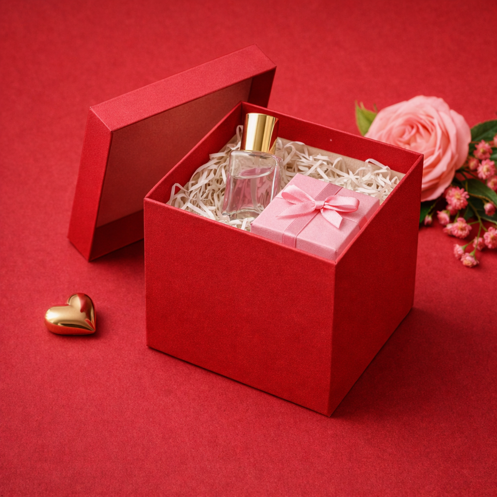 Red rigid cube gift box with lid open on red background