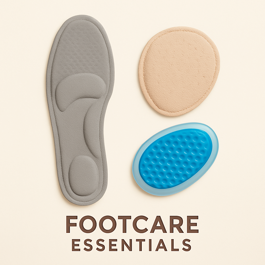 Three essential footcare products including a gray insole, beige metatarsal pad, and blue gel heel pad arranged neatly on a warm cream background with the label 'Footcare Essentials'.