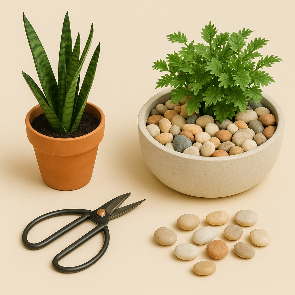 A photograph presents gardening items arranged on a creamy beige background, including a terracotta pot with a snake plant, a round ceramic planter filled with decorative pebbles and greenery, black garden shears, and scattered smooth stones.