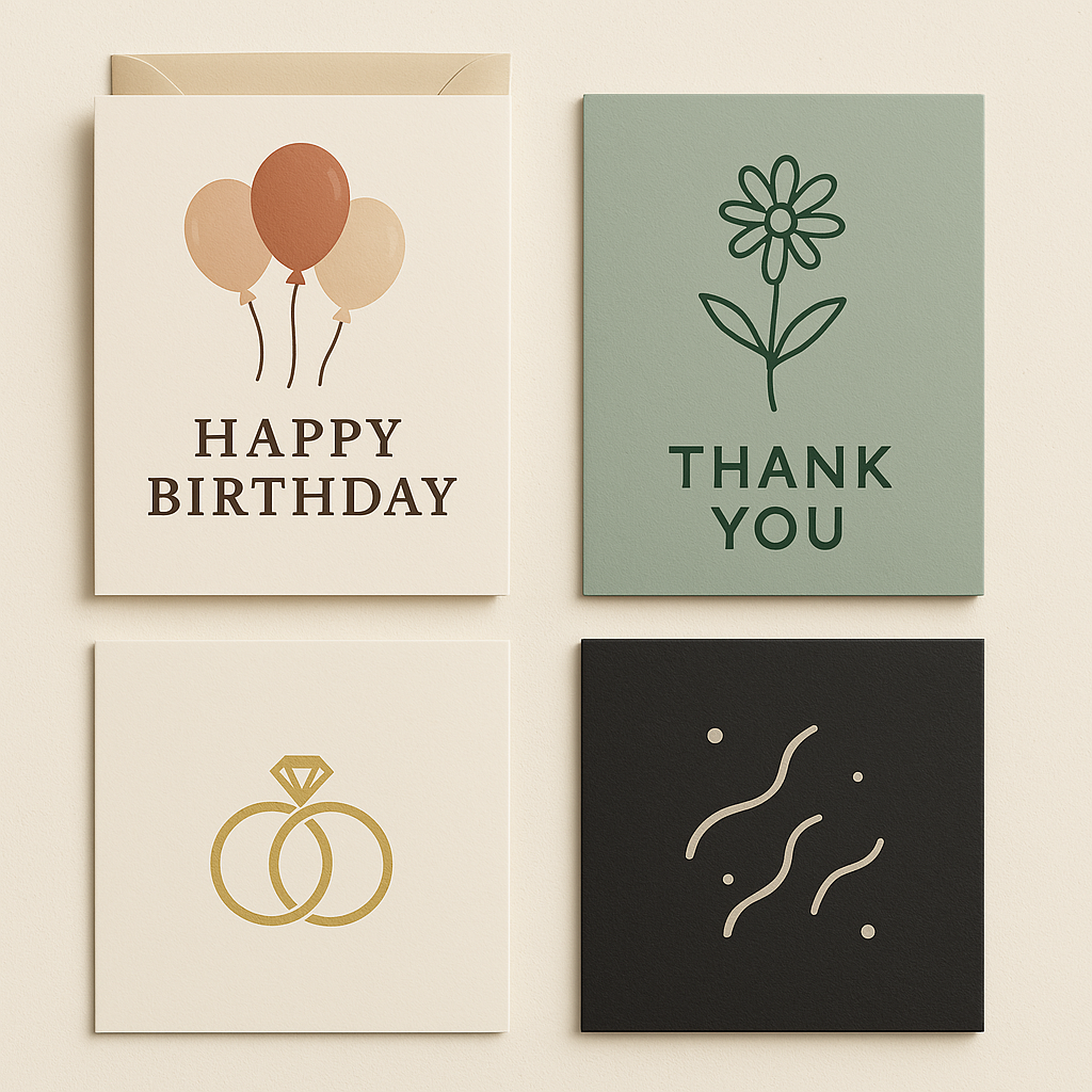 Minimalist greeting card set with birthday, thank you, wedding, and congratulations themes – perfect for special occasions and gift-giving.