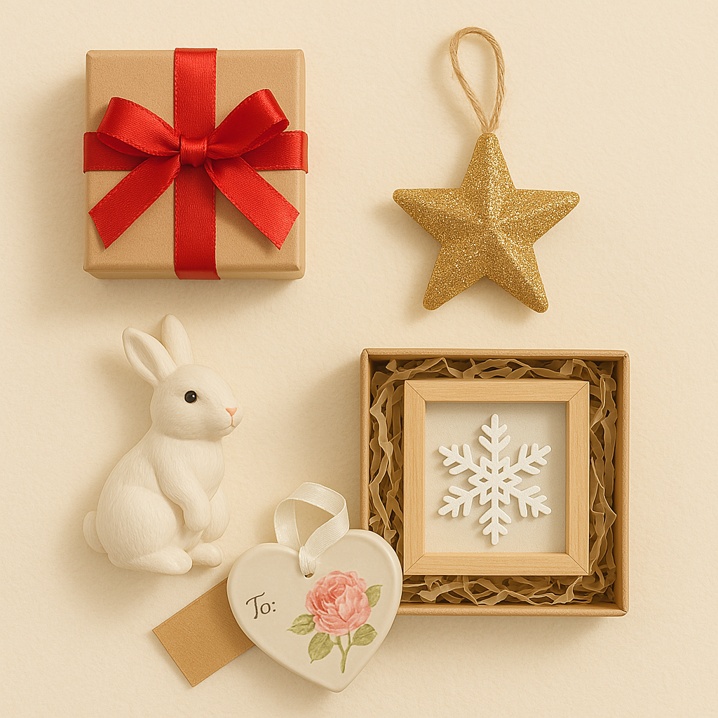 Gift collection with small decorative items – includes ribbon-wrapped gift box, glitter star ornament, ceramic bunny, framed snowflake, and floral heart tag for holiday or special occasion gifting.