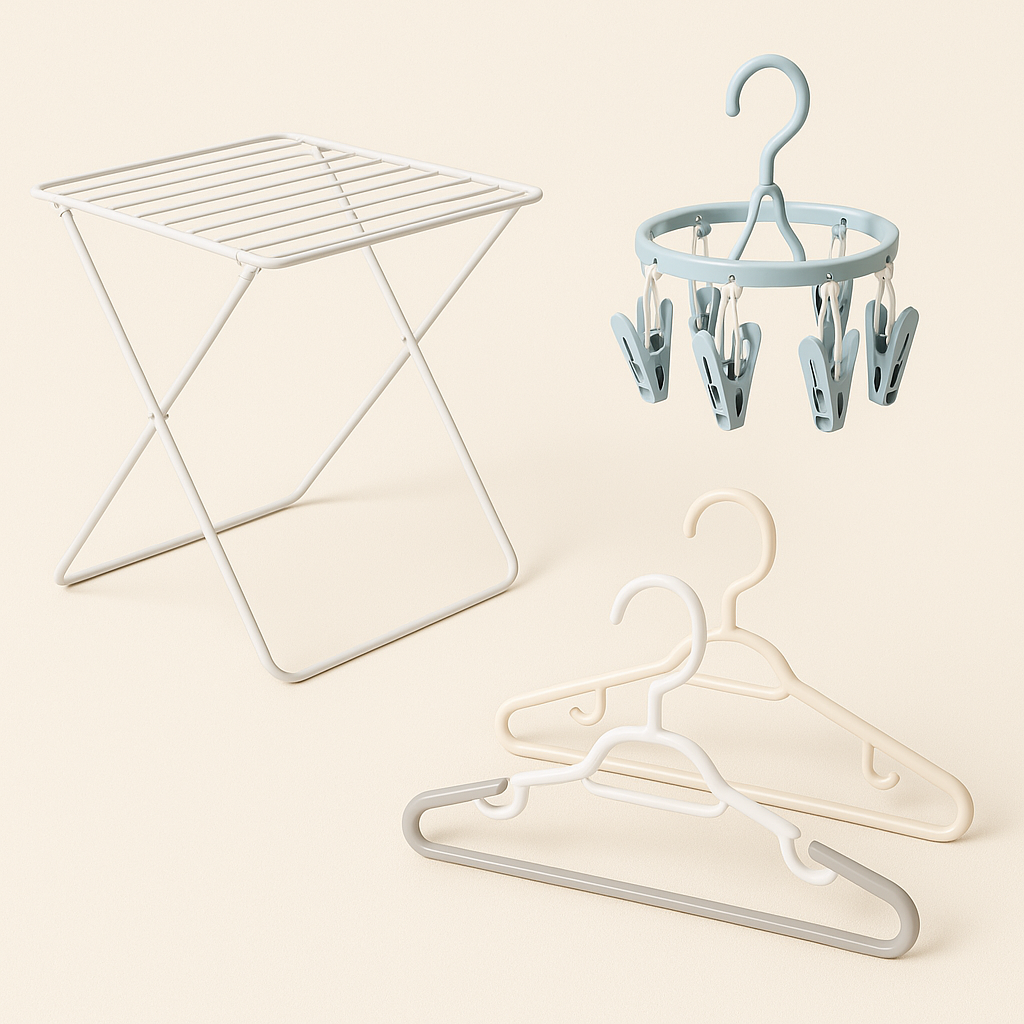 A cream-background image showing a foldable white drying rack, a blue circular clip hanger with clothespins, and three plastic clothes hangers in neutral tones