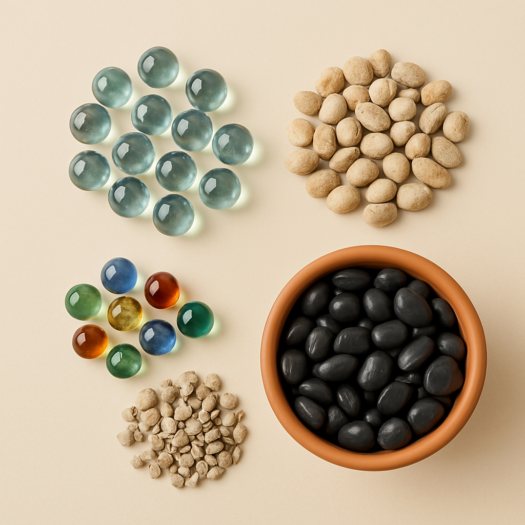 Decorative glass marbles, natural pebbles, small gravel, and black polished stones in a terracotta pot on a beige background.