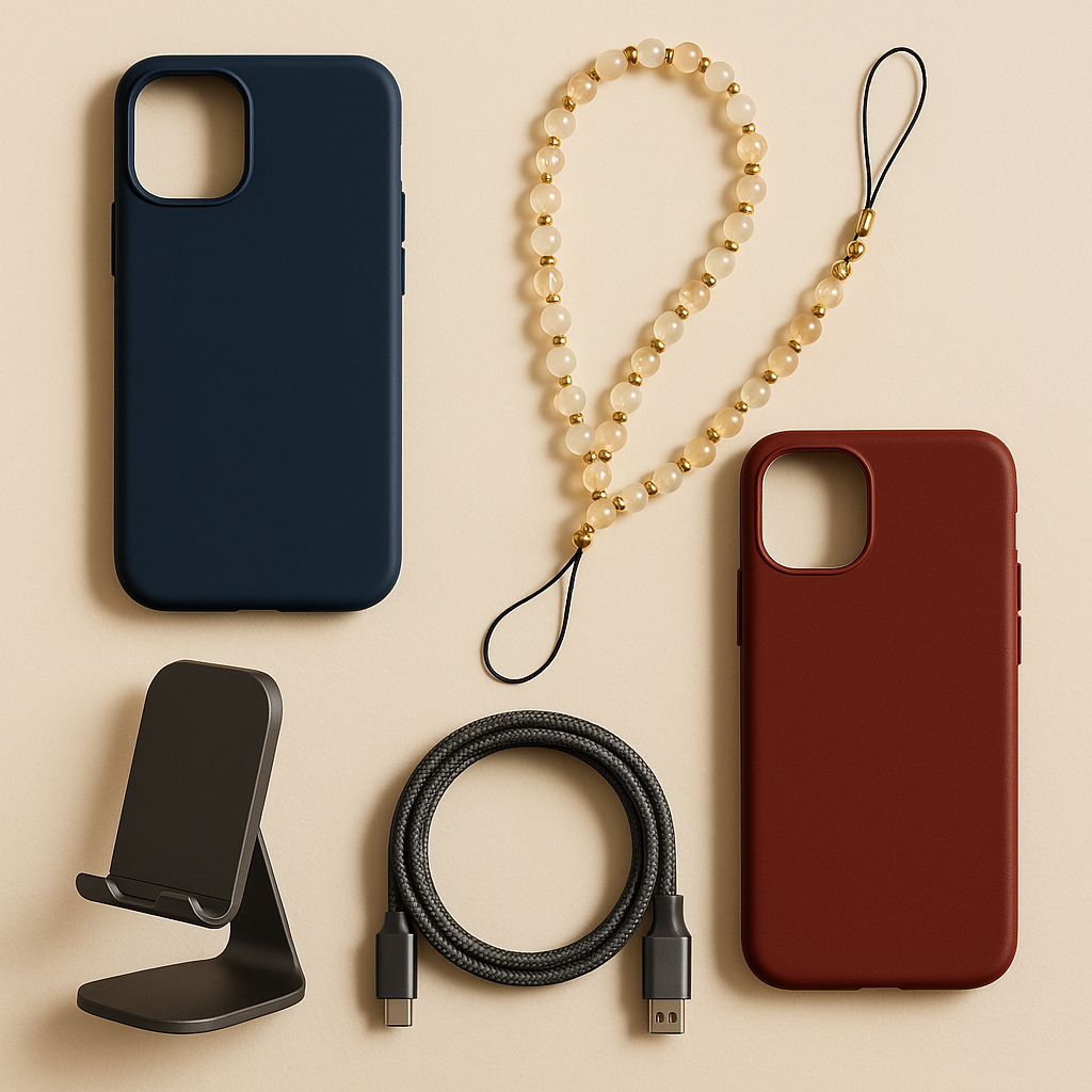 A flat lay of mobile accessories on a cream background, including two smartphone cases (navy and red), a beaded phone lanyard, a braided charging cable, and a black phone stand.
