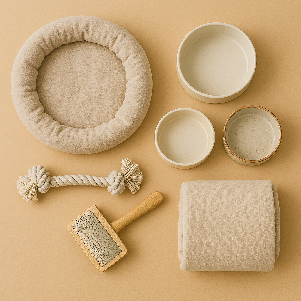 Flat lay of pet living essentials on a beige background, including a round plush pet bed, ceramic food and water bowls, a rope toy, grooming brush, and folded blanket