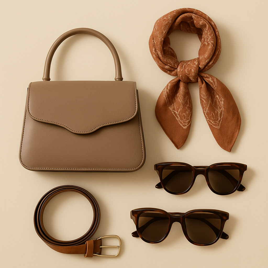 Flat lay of style accessories on a creamy background, including a taupe handbag, rust-colored scarf, tortoiseshell sunglasses, and a brown leather belt