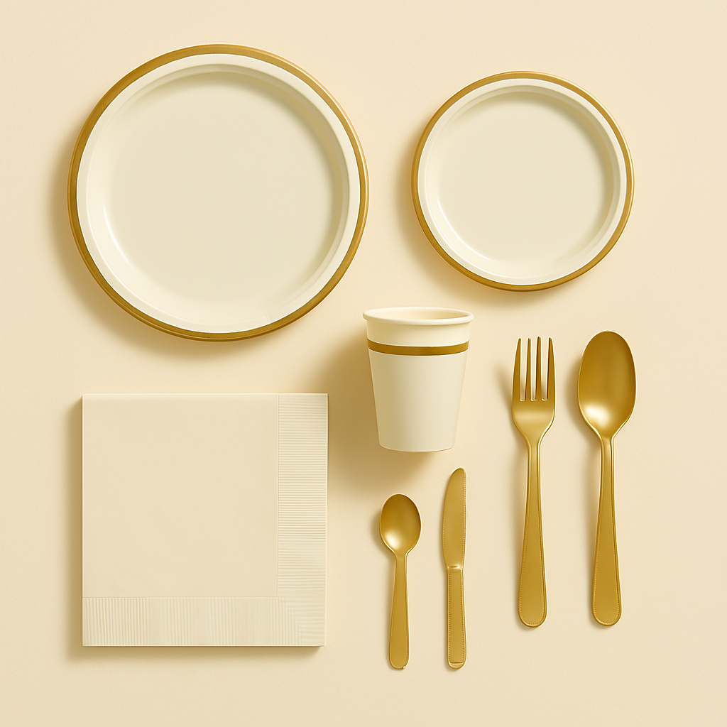Disposable tableware set with cream and gold plates, cup, napkins, and cutlery arranged on a creamy background