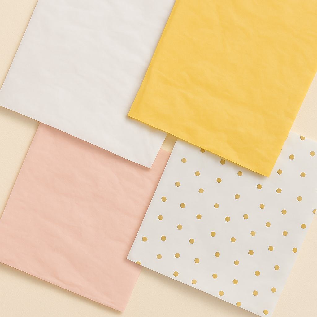 Colorful tissue paper sheets for gift wrapping – white, yellow, pink, and gold polka dot patterns displayed on a cream background, ideal for packaging and decoration.