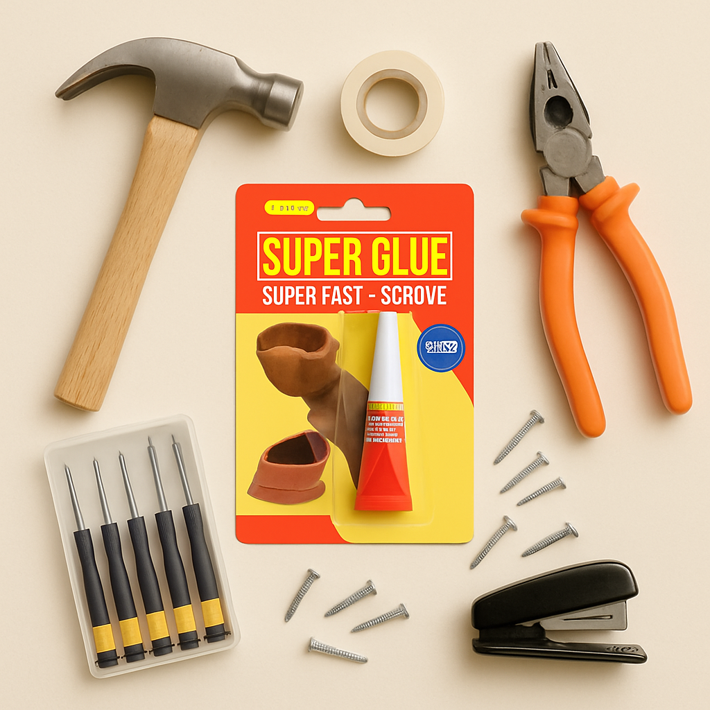 An assortment of tools and fixing essentials displayed on a creamy background, including a pack of super glue, utility knife, tape measure, small screwdriver set, wall hooks, and adhesive pads.