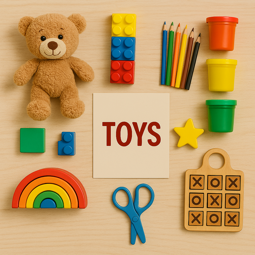 Colorful educational toys flat lay for kids