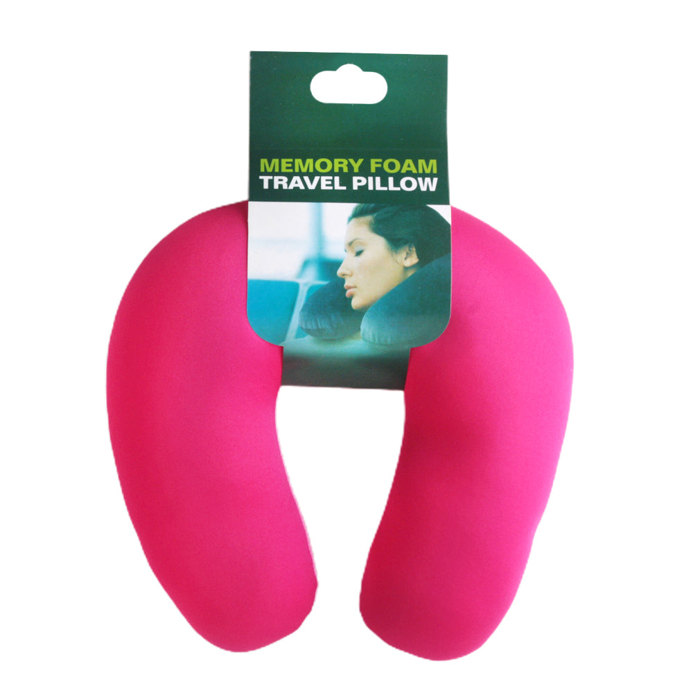 Foam Neck Pillow – Comfort on a Budget, pink memory foam travel pillow with packaging.
