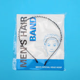 Packaged men's hair band with clear plastic cover on blue background