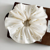 Hair Scrunch w Pearl 24CM - oversized elegant ivory hair scrunchie decorated with faux pearls