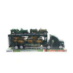 Military Transport Truck Toy Set featuring a toy truck and military cars on a display.