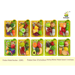 Colorful Plastic Toy Fruit & Vegetable Set featuring assorted fruits and veggies in packs.