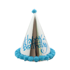 🎉 Kids Birthday Party Hats (Larger Size) – Pink & Blue shiny party hat with blue pom-poms and 'Happy Birthday' text.