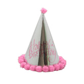 🎉 Kids Birthday Party Hats (Larger Size) – Pink & Blue stylish party hat with pink pom-poms and 'Happy Birthday' design.
