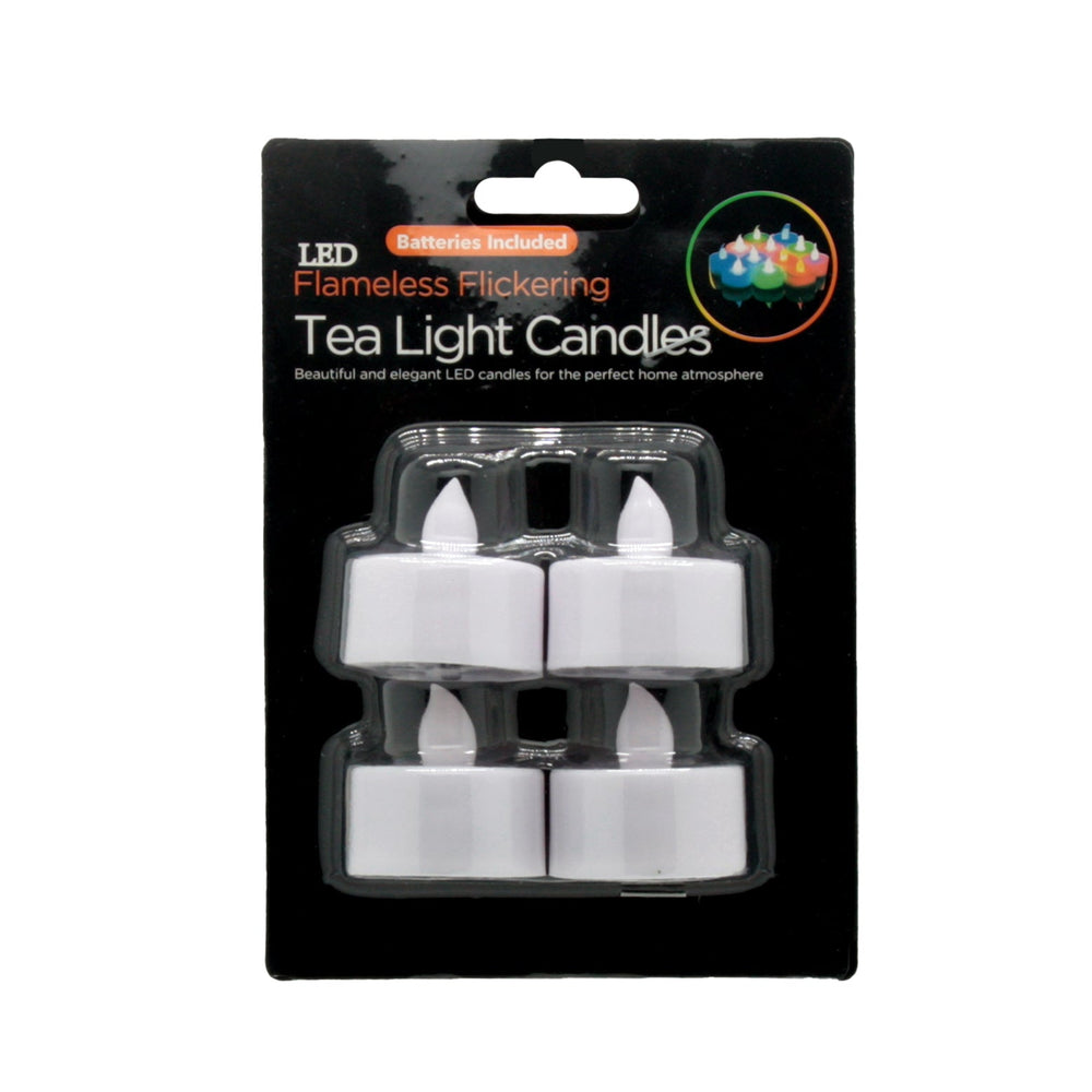 Battery LED Tealight Candles – 4 Pack (NZ Stock) in packaging, featuring flameless flickering effect.