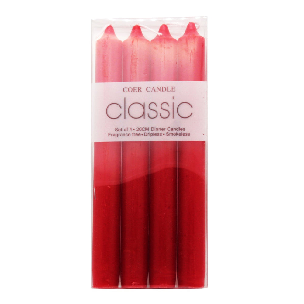 Classic Taper Candles Red(4PCS/2.2*20CM) pack of four unscented low-drip red candles for elegant occasions.