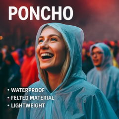 Adult Poncho – Lightweight Rain Protection (One Size) worn by smiling woman, showcasing waterproof and lightweight design.