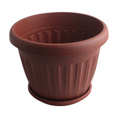 🪴 Terracotta-Style Plastic Planter with Saucer – 4 Sizes Available in terracotta brown color, featuring fluted design.