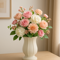 Modern Plastic Flower Vase – White / Red / Black(3571) holding pink and white roses and flowers, perfect for decoration.