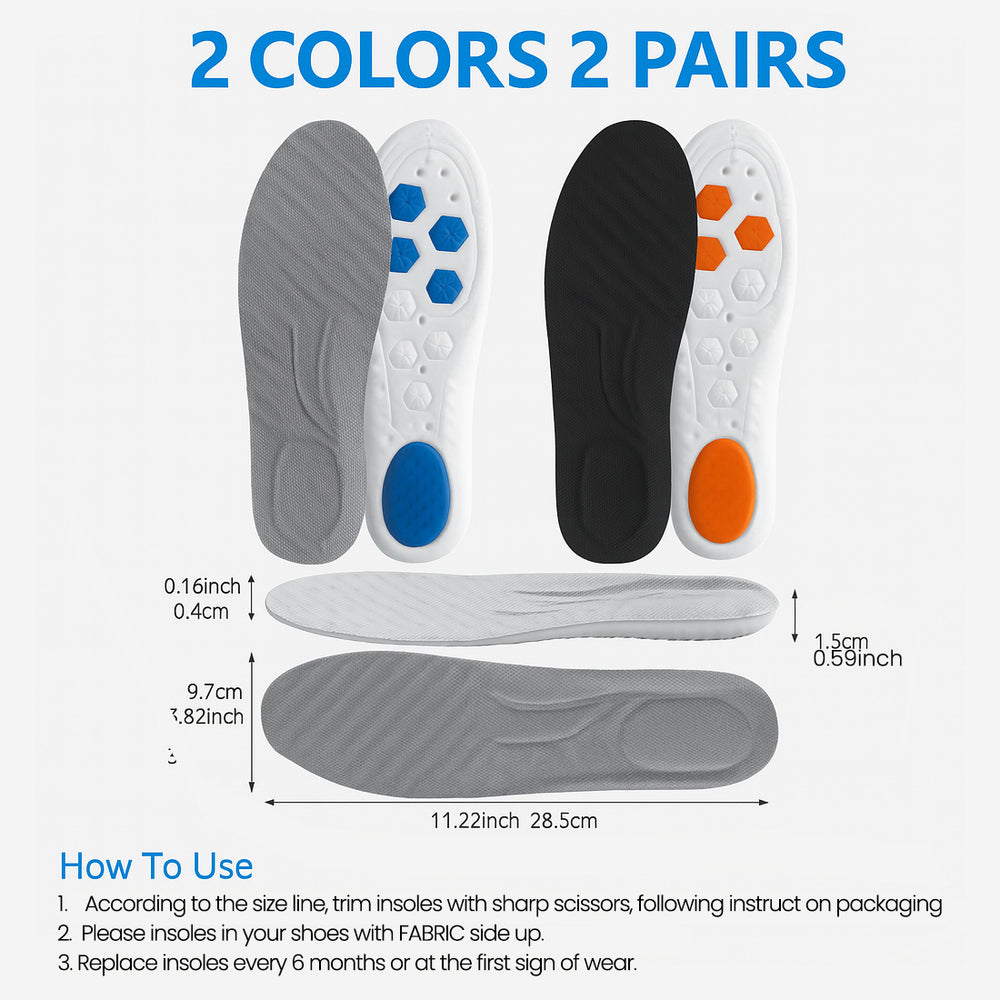 Shock Absorption Insoles with Gel Cushion in two colors and pairs, demonstrating comfort and support features.