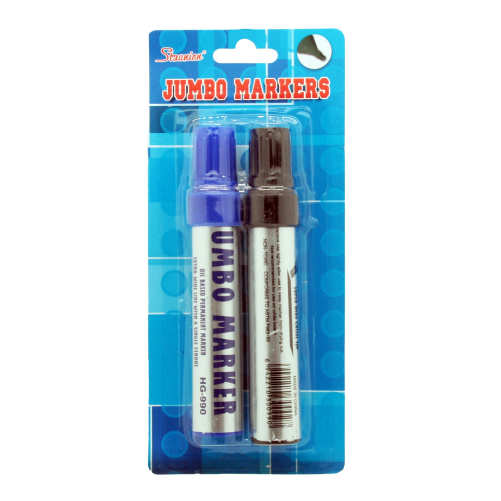 Jumbo Permanent Markers – 2-Pack (Black & Blue) in packaging showcasing blue and black markers.