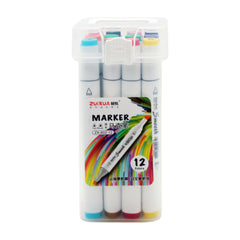 Dual Tip Alcohol Marker Set in a plastic case with 12 vivid colors, perfect for coloring and design work.