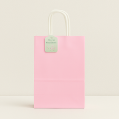 🛍️ Premium Paper Gift Bags – 4-Pack Assorted Colors (12*14*6CM) in pink with a floral tag and twisted handles.