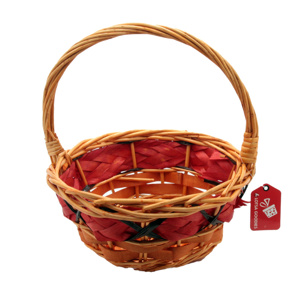📏 Round Woven Gift Basket with Handle – Red AccentXL(38×14CM/1501) - Extra-large cane Christmas gift basket with red lining.