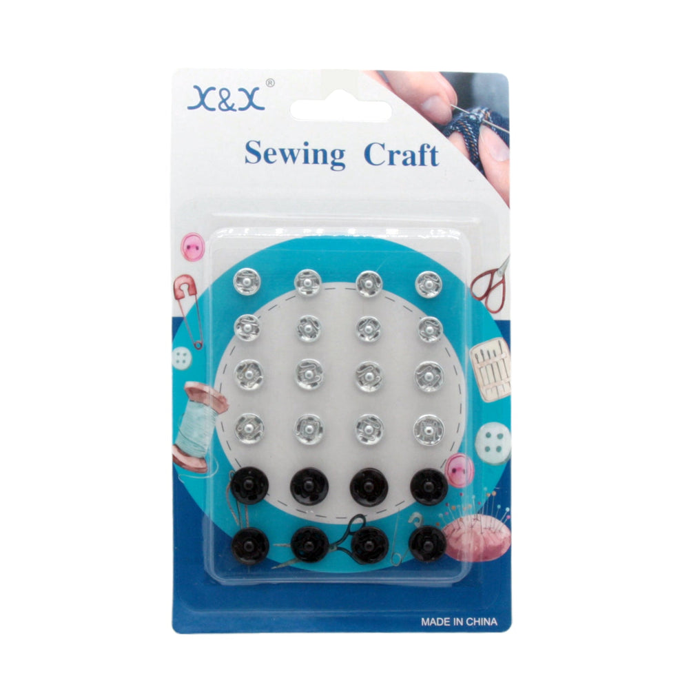 Sewing Snap Fasteners – 24pcs Black & Silver Press Stud Buttons in packaging for craft projects.