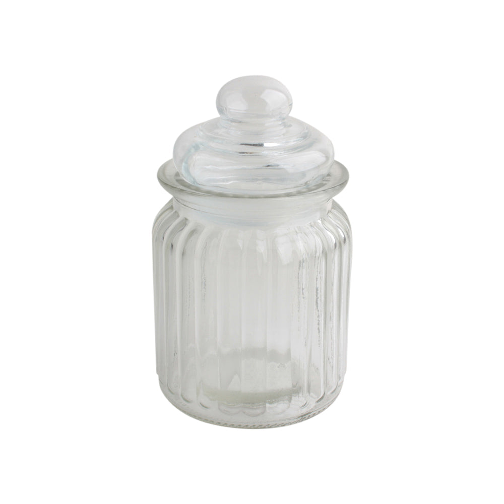 Glass Jar Screw Top (230ML) with ribbed design and airtight lid for storage of spices and snacks.