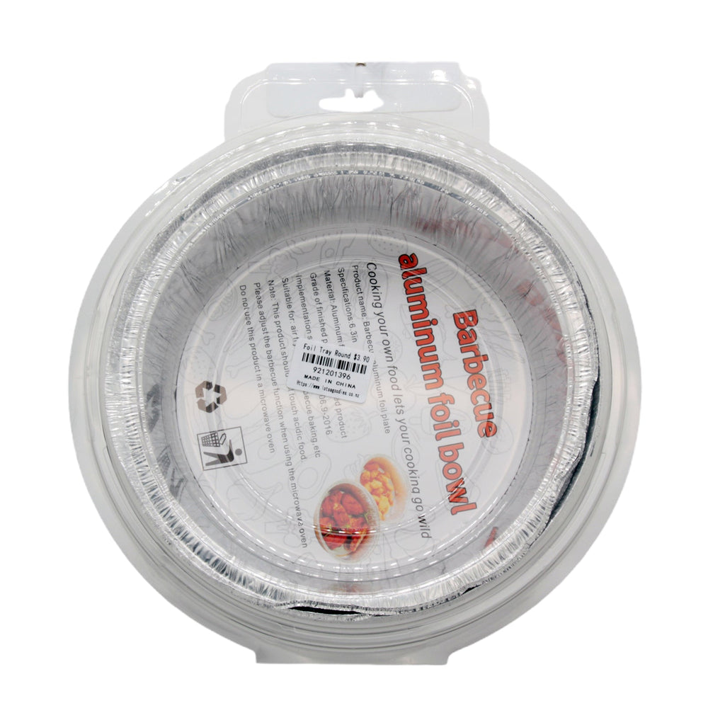 Foil Tray Round - disposable aluminum tray for baking, roasting, and BBQ, oven-safe and recyclable.
