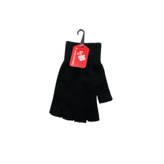 Knitted Fingerless Gloves – Black displayed on a hanger with a tag, showcasing the soft, stretchy knit fabric.