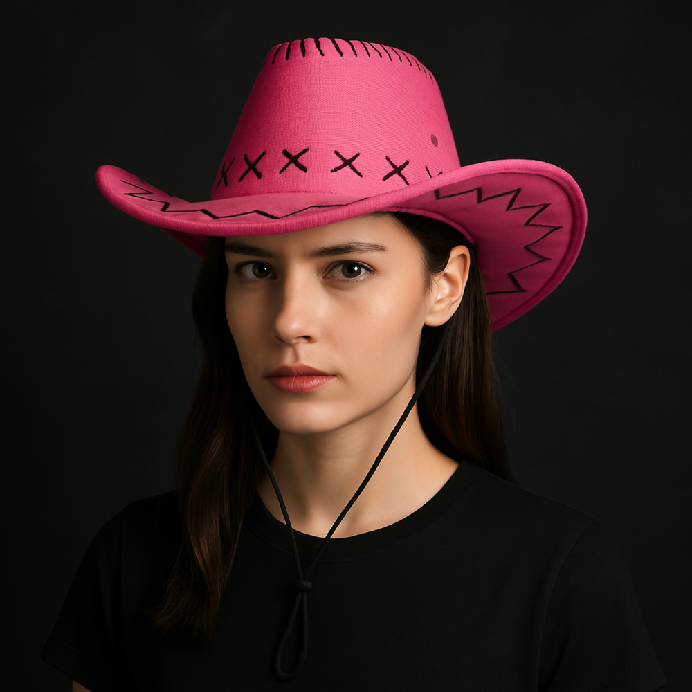 🧢 Western Stitch Cowboy Hat 🎯 Unisex | Festival Ready | Suede Look worn by a model against a dark background.