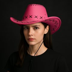 🧢 Western Stitch Cowboy Hat 🎯 Unisex | Festival Ready | Suede Look worn by a model against a dark background.