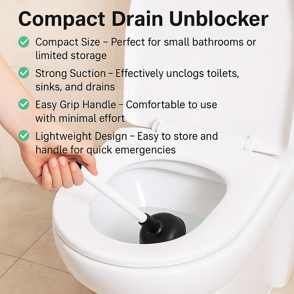 Plunger (S) – Compact Drain Unblocker in use, showcasing its compact design and strong suction capabilities.