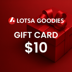 Lotsa Goodies Gift Card with a $10 value in a red gift box with a bow on a matching red background.