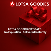 Lotsa Goodies Gift Card presented with a red gift box and bow, no expiration and delivered instantly.