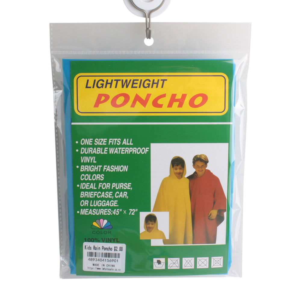 Kids Rain Poncho – Lightweight & Waterproof packaging showcasing durable waterproof vinyl and bright colors.