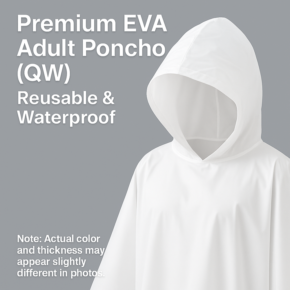 Premium EVA Adult Poncho (QW) – Reusable & Waterproof showcased with hood and lightweight design.