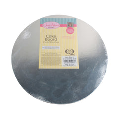 Cake Board(R:25CM,2PCS) shown with packaging details on a silver round board.