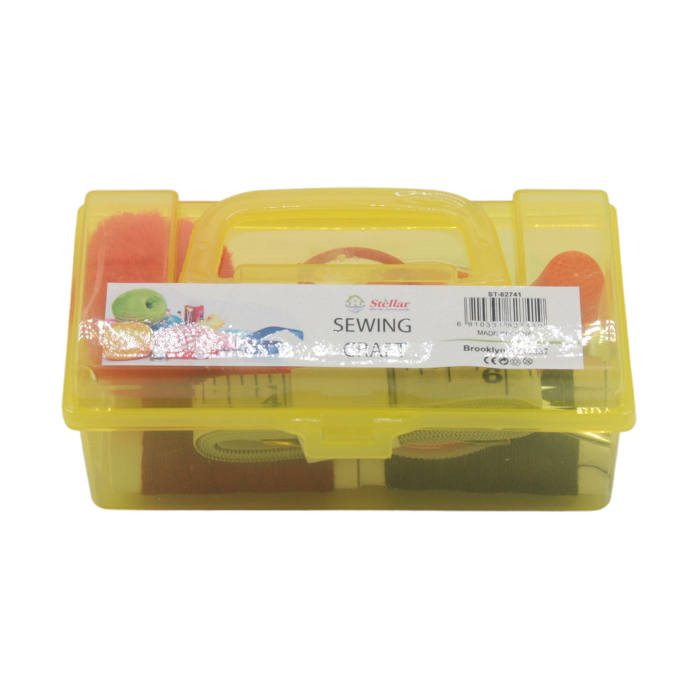 Mini Sewing Supply Box – Travel & Home DIY Kit | NZ Stock in a clear yellow storage case with assorted sewing supplies.