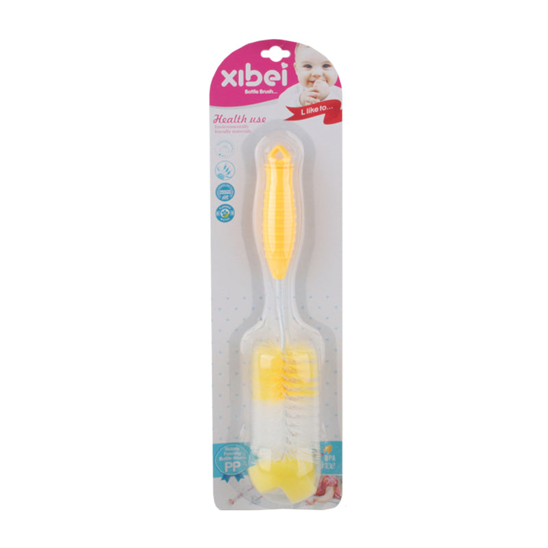 Baby Bottle Brush – Soft Bristle Cleaning Set in yellow packaging with ergonomic handle for safe bottle cleaning.