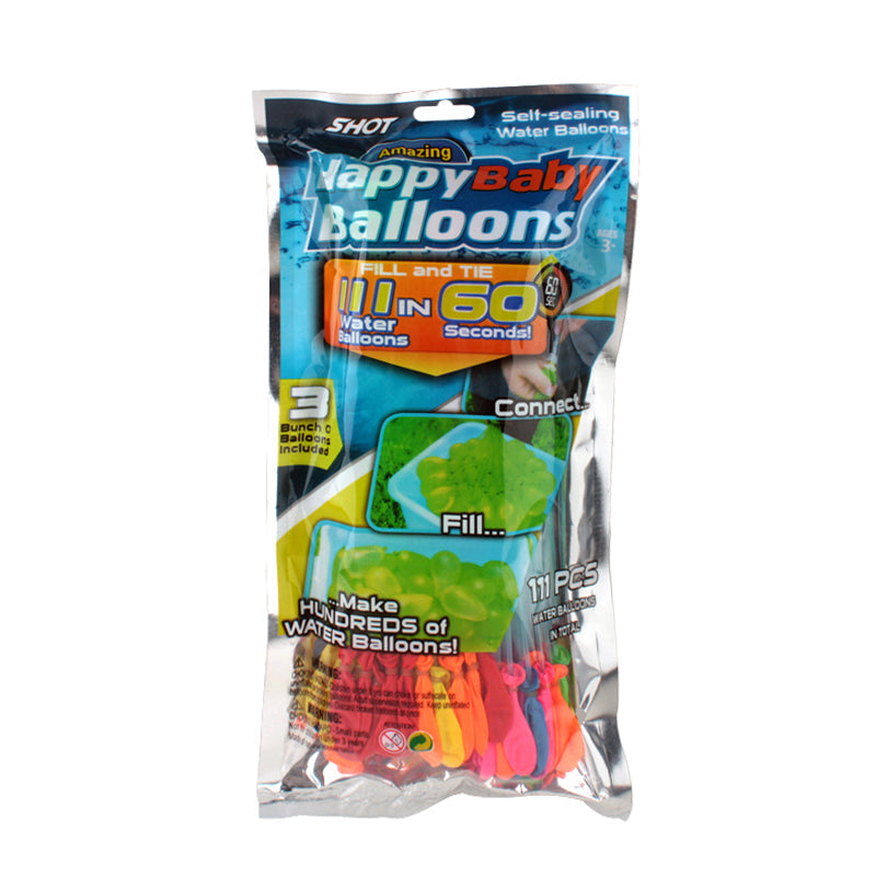 Happy Baby Balloons self-sealing water balloons pack for making hundreds in 60 seconds.